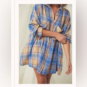 Free people voyages shirt dress XS sunrise plaid long sleeve Pockets 100% cotton